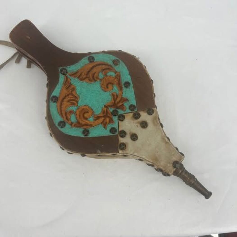 Vintage Hand-Tooled Leather Fireplace Bellows with Turquoise Detail